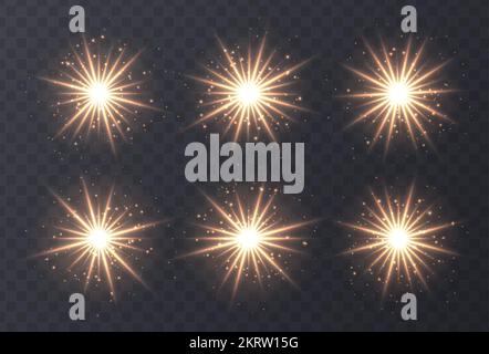 Collezione di lenti a luce fissa, bokeh, scintillanti, stelle brillanti. Illustrazione Vettoriale