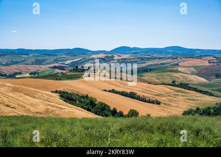 Paesaggio toscano nelle Crete Senesi vicino alla città di Asciano, provincia di Siena, Toscana, Italia Foto Stock