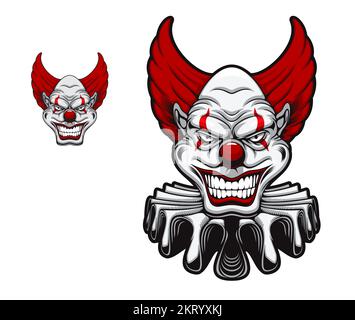 Mascotte di clown arrabbiato del circo. Tatuaggio spaventoso carattere halloween clown. Impazzito sorridente jester o comedian personaggio cartone animato vettore, isolato pagliaccio spooky con parrucca rossa, collare e trucco viso Illustrazione Vettoriale