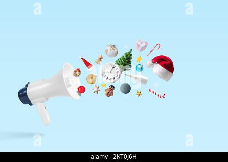 Composizione creativa di Natale in Megaphone con decorazione natalizia invernale. Minimo Natale o Capodanno concetto. Foto Stock
