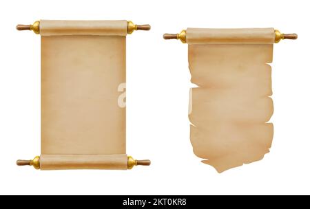 Rotolo e rotolo di carta da pergamena vecchio. Manoscritto vettoriale, mappa o banner vintage medievale. Rotolo di carta di papiro, sfondo antico vecchio documento o realis Illustrazione Vettoriale