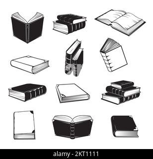 Vecchi libri antichi. Volumi vintage isolati pile e pile di libri. Educazione e conoscenza della letteratura, biblioteca universitaria, scienza e dizionario simboli o icone di settore monocromatici Illustrazione Vettoriale