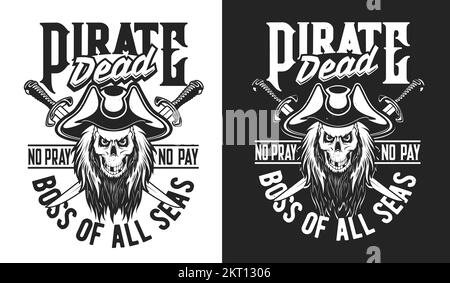 Personaggio capitano pirata cranio con sciabole incrociate. Stampa di T-shirt o emblema vettoriale della squadra sportiva o del club di vela con pirata spaventosa e spaventosa, filibuster o corsair toothy, cranio peloso in berretto tricorno Illustrazione Vettoriale