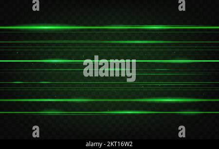 Sfondo con fasci laser verdi, raggi di luce al neon e linee di bagliore sul nero, effetto flash con luce vettoriale. Raggi laser verdi e raggi di luce, scintille di energia digitale e galassia brillano su sfondo trasparente Illustrazione Vettoriale