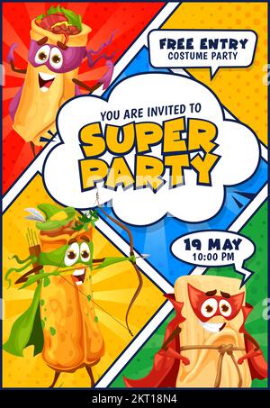 Super Hero festa volantino cartoni animati personaggi del cibo messicano. Biglietto d'invito vettoriale con divertenti personaggi tex mex tamales, burrito ed enchiladas su sfondo a mezzitoni colorati in pop art comic book Illustrazione Vettoriale