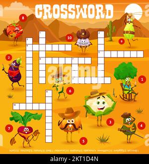 Griglia di cruciverba, sceriffo cowboy, ranger e bandito verdure su Wild West, gioco di quiz vettoriale. Foglio di lavoro Crossword per indovinare parola di zucca cowboy, ranger avocado con fucile e melanzane rapinatore occidentale Illustrazione Vettoriale