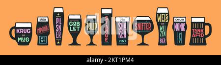 Tipi di vetreria per birra. Banner poster con diversi tipi di vetro, tazza per birra. Stampa grafica per il design della cucina, arredamento da parete. Poster per bar, pub, ristorante, tema birra. Illustrazione vettoriale Illustrazione Vettoriale