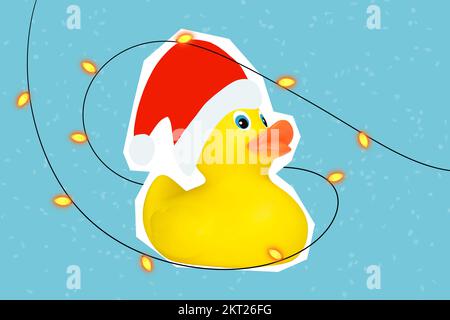 Collage foto brochure di grande giallo babbo natale anatra indossare cappello vicino Doodle decorazione ghirlande saluti giocattolo presente isolato su sfondo di colore blu Foto Stock