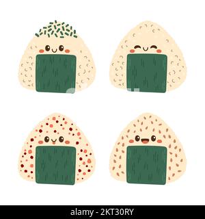 Vettore Onigiri. Onigiri su sfondo bianco. Mascotte Onigiri. Illustrazione Vettoriale