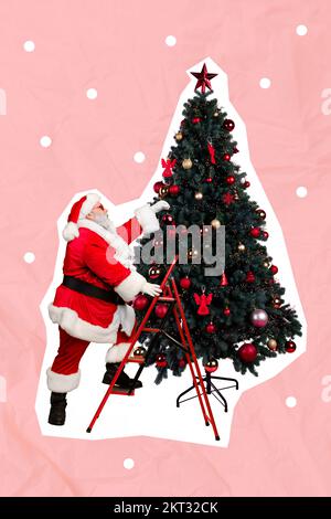 Festa nuovo anno opuscolo collage di babbo natale scala di arrampicata preparare il pino di natale su sfondo di colore rosa Foto Stock