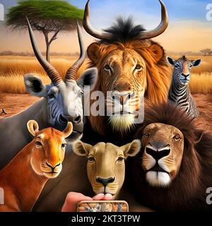 Selfie di animali selvatici africani safari con alberi nella savana in un parco faunistico in Africa. Leoni, zebra, antilope, springbok e bufalo dietro Foto Stock