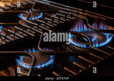 Primo piano delle fiamme del bruciatore del fornello a gas Foto Stock