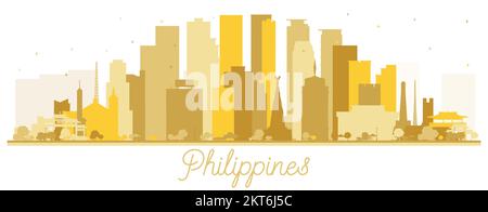 Philippines City Skyline Silhouette con edifici dorati isolati su White. Illustrazione vettoriale. Concetto con architettura storica. Città delle Filippine Illustrazione Vettoriale