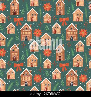 Pan di zenzero case modello di natale. Simpatica illustrazione vettoriale in stile cartoon piatto Illustrazione Vettoriale