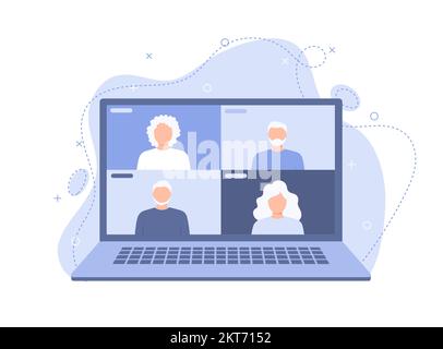 Gruppo di persone anziane che parlano via internet, chat sul web. Riunione online tramite videoconferenza Illustrazione Vettoriale