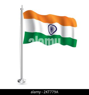 Bandiera indiana. Isolato realistic Wave Flag di India Paese su flagpole. Illustrazione vettoriale. Illustrazione Vettoriale