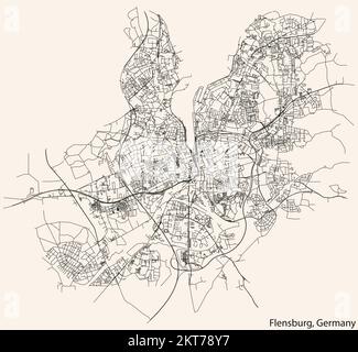 Navigazione dettagliata linee nere strade urbane mappa della città tedesca di FLENSBURG, GERMANIA su sfondo beige d'epoca Illustrazione Vettoriale