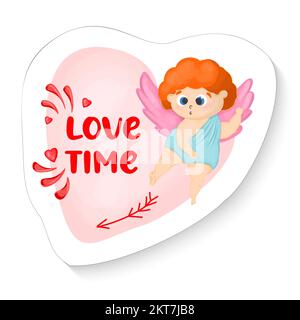 Mascotte Amur in un adesivo. Angelo Cupido. Adesivo per San Valentino. Illustrazione vettoriale Illustrazione Vettoriale