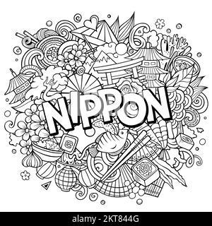 Giappone Nippon mano disegnata fumetto Doodles illustrazione. Divertente design da viaggio. Illustrazione Vettoriale