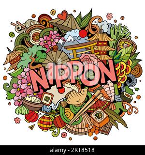 Giappone Nippon mano disegnata fumetto Doodles illustrazione. Divertente design da viaggio. Illustrazione Vettoriale