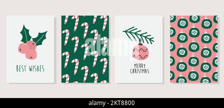 Set di biglietti d'auguri natalizi con testo natalizio ed elementi di design. Due carte con motivo. Vettore disegnato a mano Merry Christmas biglietti raccolta Illustrazione Vettoriale