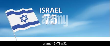 Israele Independence Day Anniversary Celebration (Yom Ha'atzmaut) banner con bandiera israeliana su sfondo cielo blu. Spazio di copia. Illustrazione Vettoriale