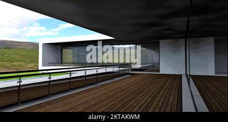 Pavimento in legno che copre la moderna terrazza dell'abitazione. Banner sorprendente per i venditori immobiliari suburbani, rendering 3D. Foto Stock