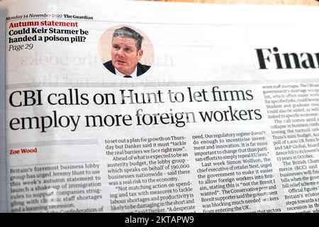 "CBI invita Hunt a lasciare che le imprese impieghino più lavoratori stranieri" Guardian giornale articolo di intestazione pagina finanziaria 14 novembre 2022 Londra UK Foto Stock
