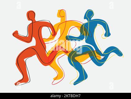 Corsa, maratona, jogging, line art stilizzato. Illustrazione stilizzata di tre corse. Disegno a linea continua. Vettore disponibile. Illustrazione Vettoriale