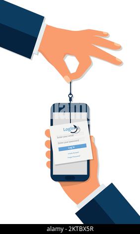 Phishing su Internet, tentativo di hacking dell'account durante il pagamento online - attività di hacker, furto di dati, violazione, credenziali di accesso rubate, password, Auto di credito Illustrazione Vettoriale