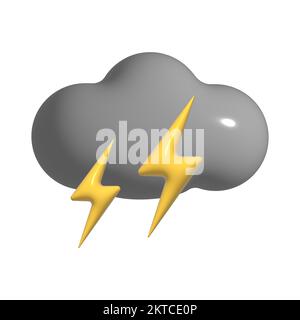 3D temporale con fulmine, icona nuvola grigia. 3d elemento meteorologico isolato su sfondo bianco. Climate Concept - soffice cartone animato di cotone Foto Stock