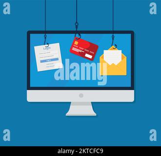 Phishing su Internet, tentativo di hacking dell'account durante il pagamento online - attività di hacker, furto di dati, violazione, credenziali di accesso rubate, password, Auto di credito Illustrazione Vettoriale
