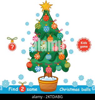 Trovare due stesse palle di Natale, vetro decorativo albero giocattolo immagine gioco bambini istruzione. Cerca identico nuovo anno abete decorazione. Vettore puzzle capretto Illustrazione Vettoriale