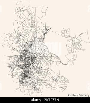Navigazione dettagliata linee nere strade urbane mappa della città tedesca di COTTBUS, GERMANIA su sfondo beige vintage Illustrazione Vettoriale