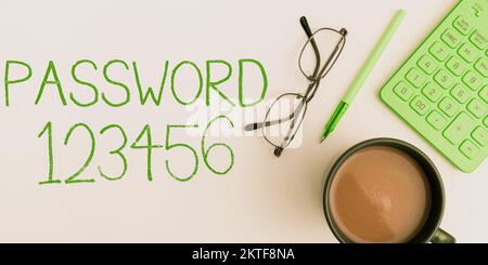 Segno di scrittura a mano Password 123456, parola per la parola o espressione nascosta da utilizzare per ottenere l'accesso a qualcosa Foto Stock