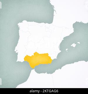 Andalusia sulla mappa della penisola iberica con sfondo vintage a righe morbide. Foto Stock