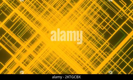 Animazione con tunnel quadrato rotante. Design. Quadrati lineari al neon nel tunnel rotante. Bellissimo tunnel vertiginoso di piazze al neon. Foto Stock