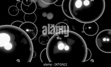 Sfondo nero. Design.le bolle luminose con illuminazione bianca e gialla di grandi dimensioni nell'animazione volano in direzioni diverse. Alta qualità 4K Foto Stock