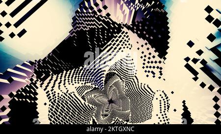 Tunnel geometrico con disegno psichedelico quadrato. Design. Tunnel rotante con pareti quadrate e onde. Pareti quadrate ondulate di tunnel rotante. Foto Stock