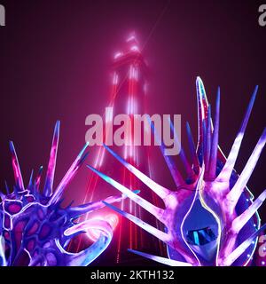 Fine novembre nebbia e nebbia di mare non ha rovinato il lightshow a Blackpool Christmas fair 2022.Blackpool Tower avvolto nella nebbia con le luci display Odyssey in primo piano Foto Stock