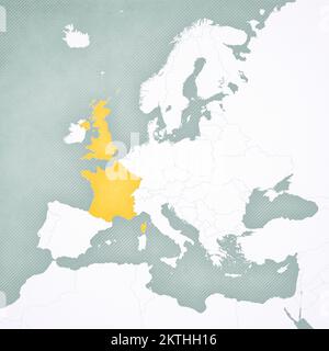 Regno Unito e Francia sulla mappa dell'Europa con sfondo vintage a righe morbide. Foto Stock
