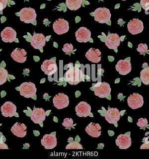 Acquerello rose fiori. Splendido motivo floreale senza cuciture. Acquerello disegno a mano primavera estate illustrazione botanica su sfondo nero. Stampa info Foto Stock
