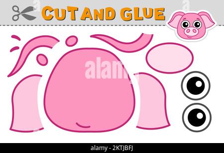 Tagliare e incollare una testa di maiale. Illustrazione vettoriale. Applicazione in carta per la creatività, l'attività e l'apprendimento dei bambini Illustrazione Vettoriale