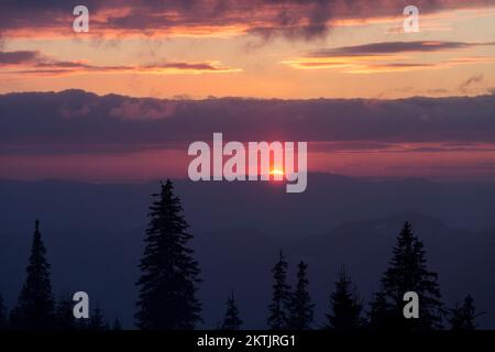 Fantastic evening winter landscape. Dramatic overcast sky. Marmarosy, The Carpathians Foto Stock