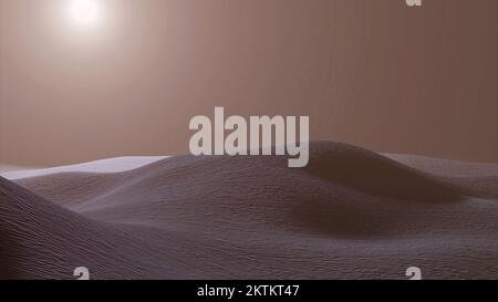Vista aerea di enormi dune di sabbia astratte coperte da fitte nubi di nebbia all'alba. Design. Volare sopra il deserto con il sole splendente Foto Stock