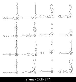 Set linea sottile nero bordo angolo vintage. Linea elegante vittoriano fiorente decorazione testo per l'invito di nozze, biglietto di auguri, menu. Retro art deco cornici ornate divisorio, separatore, delimitatore Illustrazione Vettoriale