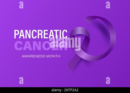 Banner cancro pancreatico, scheda, cartellino con nastro viola realistico vector 3D su sfondo viola. Closeup simbolo mese di consapevolezza del cancro pancreatico Illustrazione Vettoriale