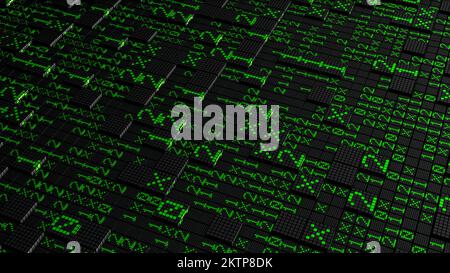 Sfondo con superficie di quadrati e codice. Movimento. Superficie del computer con quadrati e codice matrice. Quadrati con codice matrice e simboli. Foto Stock