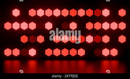 Le luci astratte rosse del palco lampeggiano su uno sfondo nero. Design. Le lampadine esagonali lampeggiano in modo casuale Foto Stock