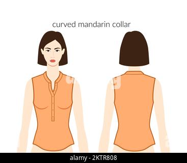 Collari curvi mandarino scollo, giacche henley abiti carattere bella donna in top arancione, camicia, abito tecnico illustrazione moda. Modello di abbigliamento piatto. Donne, uomini unisex CAD mockup Illustrazione Vettoriale